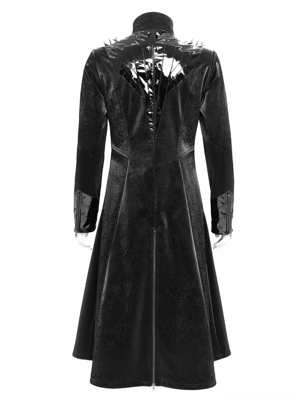 Gespikter Gothic-Trenchcoat Rückansicht auf Schneiderpuppe, zentraler Rücken-Reißverschluss und Schulterspikes Design
