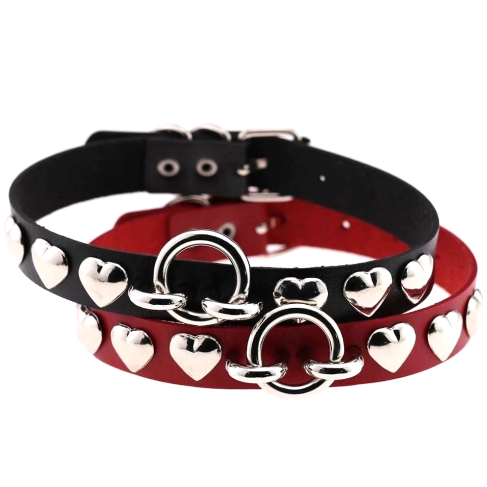gestapelte gothic herzchoker schwarz und burgunderrot pu leder mit silber o-ring anhänger metall herz studs