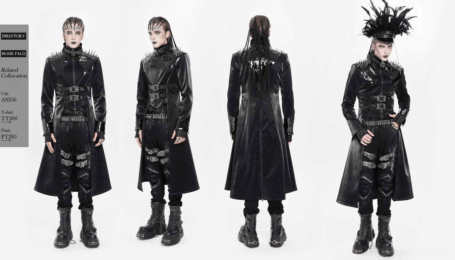 Gesteppte Samtgewebe-Textur und Kunstleder-Detail auf schwarzem Gothic-Trenchcoat, Material-Qualität und Verarbeitung