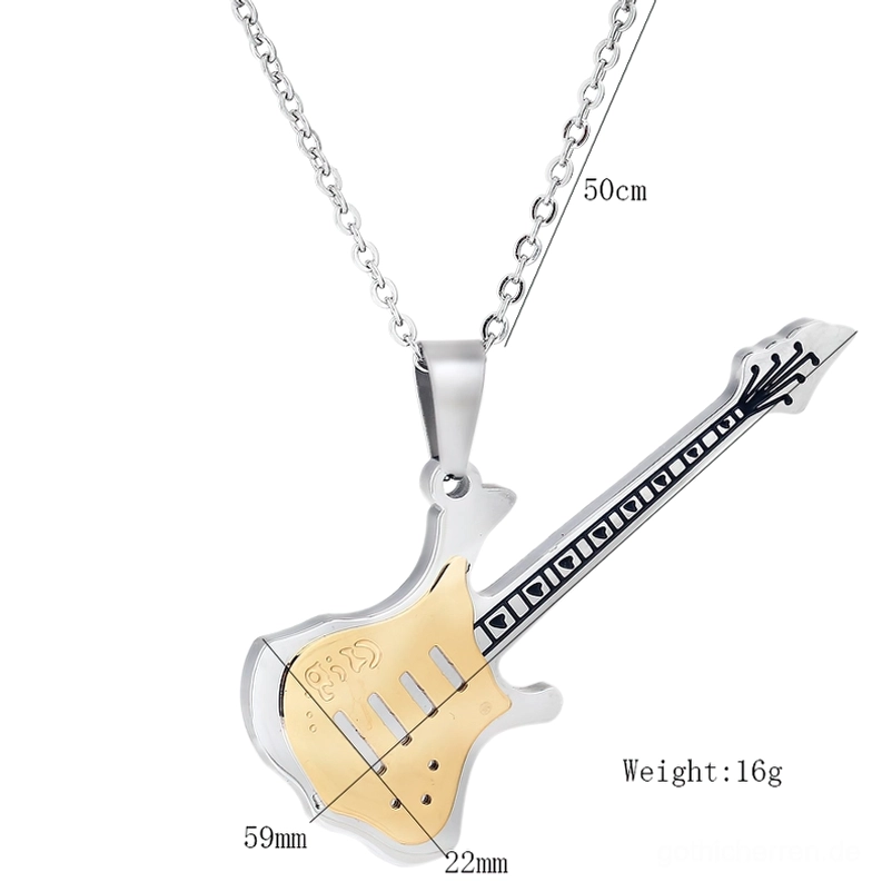 Elektrogitarren-Anhänger Halskette Größentabelle und Maßstab, zeigt 50cm Kettenlänge, 59mm Höhe, 22mm Breite und 16g Gewicht, silber-goldene Zweifarbigkeit auf weißem Hintergrund mit Messinformationen