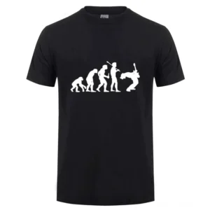 Schwarzes Gitarren Evolution Gothic T-Shirt mit weißem Musiker-Grafik-Print, Vorderansicht, Unisex Crew Neck Kurzarm