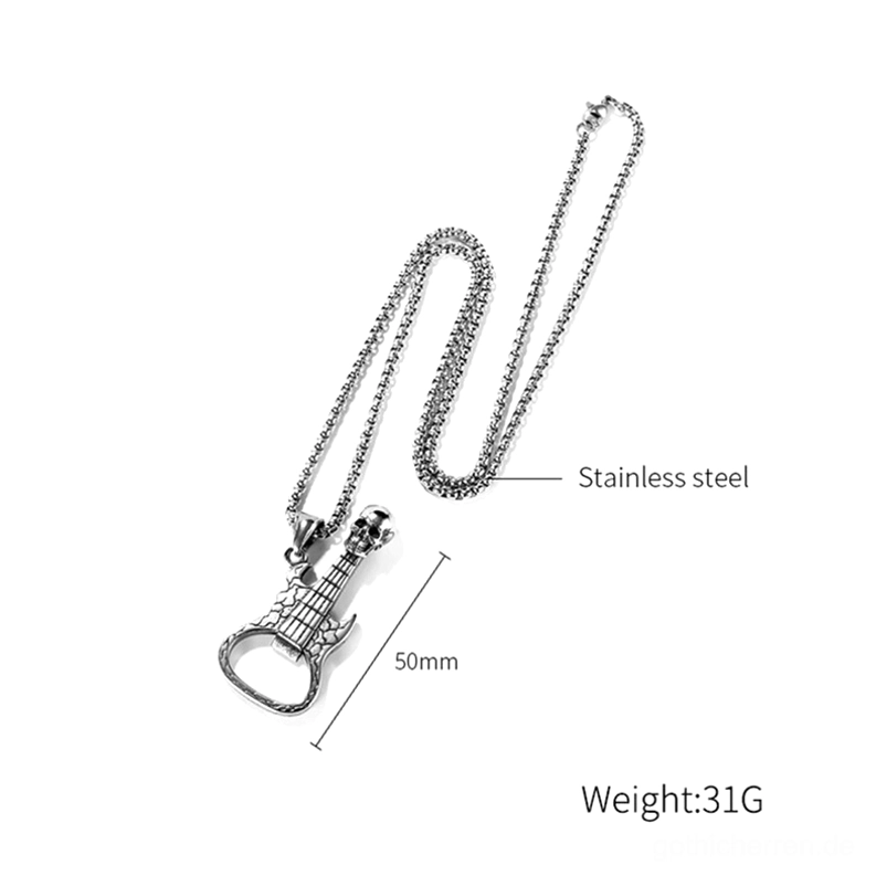 Komplette Gitarren-Schädel-Anhänger-Halskette 50mm Edelstahl Flachlage Produktdisplay