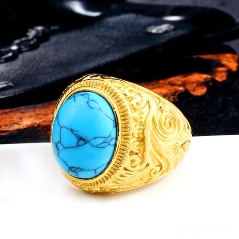 Gold-Finish Gothic-Bezel-Siegelring mit Türkis-Edelstein, eingraviert Scroll-Muster, unisex Designstück in warmer Goldtönung