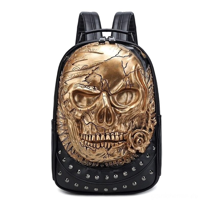 Gold gestickter Gothic Schädel Rucksack mit gerissenem 3D-Muster und runden Nieten auf schwarzem Leder
