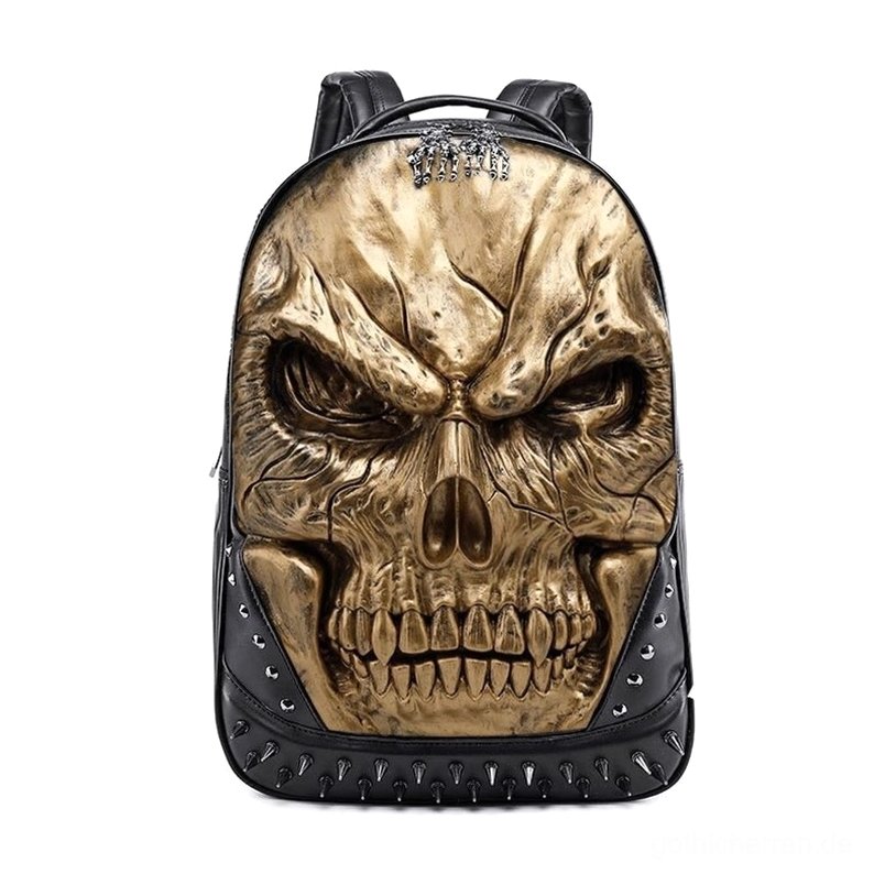 Gold Gothic Schädel Rucksack mit Spike-Nieten, wütendem gesticktem Schädel und Rosendetail