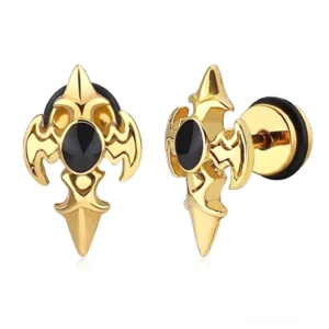 Goldene gotische Kreuzstecker mit schwarzer kubischer Zirkonia, glänzende Edelstahl-Variante, Frontal- und Seitenansicht mit warmem Goldton