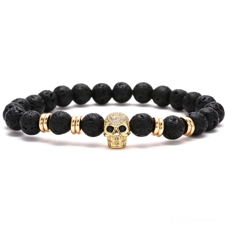 Gold-Totenkopf Kristallbesatz gotisches Armband mit schwarzen Lavasteinen und Gold-Ton Spacern, luxuriöser Dark-Schmuck mit funkelndem Kristallbesatz in reicher Farbgebung