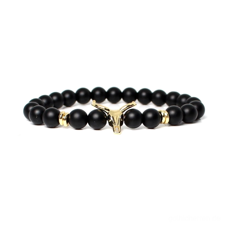 Gold-farbenes Stier-Kopf-Mittelteil auf schwarzem Perlenarmband für Herren, Gothic Schmuck Amulett mit vergoldeter Metallfinish und Naturstein-Perlen