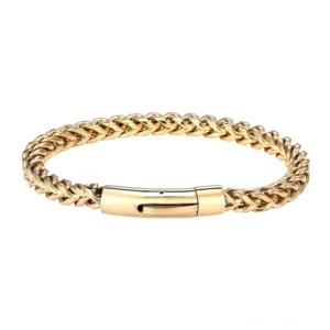 Gold-Ton Edelstahl Gothic Chain Armband – Polierte goldene Oberfläche mit zentralem Push-Verschluss, warme antike Gold-Optik