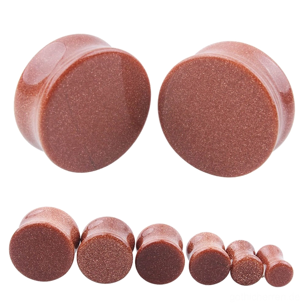 Goldener Sandstein-Ohrstöpsel und Flesh Tunnels in mehreren Größen – Gothic-Ohrgauge-Expander in warm-brauner polierter Ausführung mit flacher Vorder- und Seitendarstellung