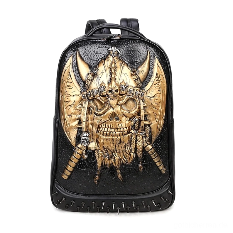 Goldener Wikinger-Totenkopf geprägter Gothic Lederrucksack mit vernietetem Rand-Design und königlicher Ästhetik