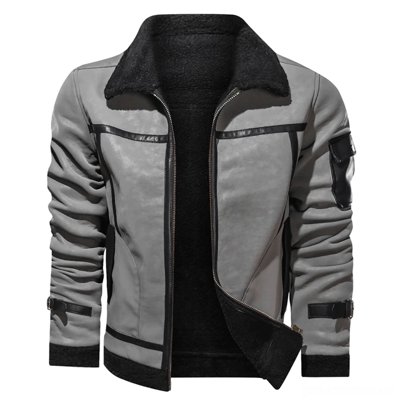 Graue Gothic Biker-Jacke offen zeigt Innendetails mit schwarzem Shearling-Kragen, Fleece-Futter und funktionaler Ärmel-Pattentasche