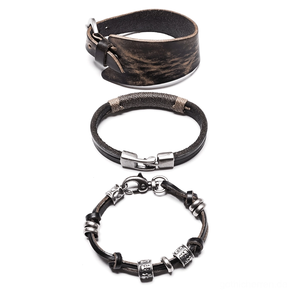 Gothic Leder Armband Set Anzeige, Gürtel Schnallen Cuff, dünnes Verschluss Design, gravierte Perlen Armband in gestresstem braun-schwarzem Finish, Metallhardware Details, Alternative Subculture