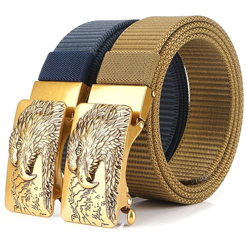 Gothic Adler Tactical Canvas Gürtel Kollektion Frontansicht in Khaki-Gold und Navy-Gold Varianten mit gegossenen Metallschnallen auf weißem Hintergrund