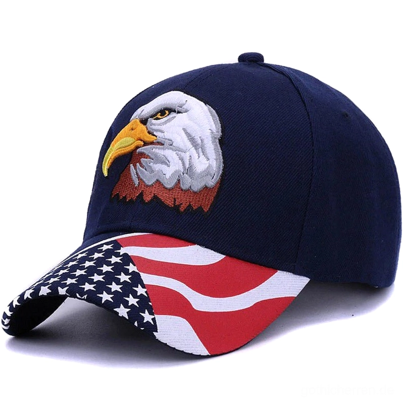 Navy blaue Gothic Adler Baseball Kappe Detailansicht vorne, hochwertige Adler-Stickerei, patriotisches Flag-Muster auf Schirm, Gothic Alternative Streetwear