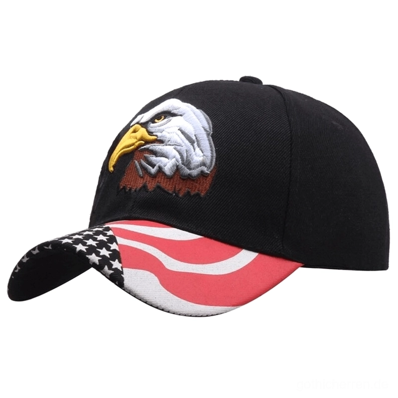 Schwarze Gothic Adler Baseball Kappe mit 3D Stickerei Vorderansicht, US Flag Design auf Schirm, gestickter Adler auf Vorderseite, Studio Produktfoto