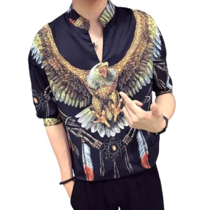 Gothic Adler Traumfänger Hemd schwarz Vorderansicht - Slim Fit Stand Kragen Herrenhemd mit okkultem Adlerdruck