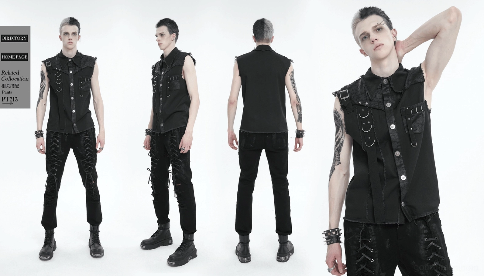 Detail-Vorderansicht des gotischen ärmellosen Hemdes mit Betonung auf Metallknöpfe, Spitzen-Paneele, schwarzes Webstoff-Material und gesamter Punk-Ästhetik-Konstruktion