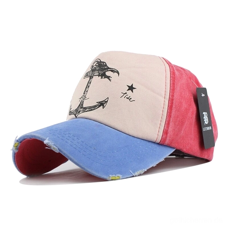 Blaurot Farbblock Gothic Baseball Kappe mit Ankerdruck und ausgefranstem Rand Detail, Vintage Inspiriert Alternative Stil