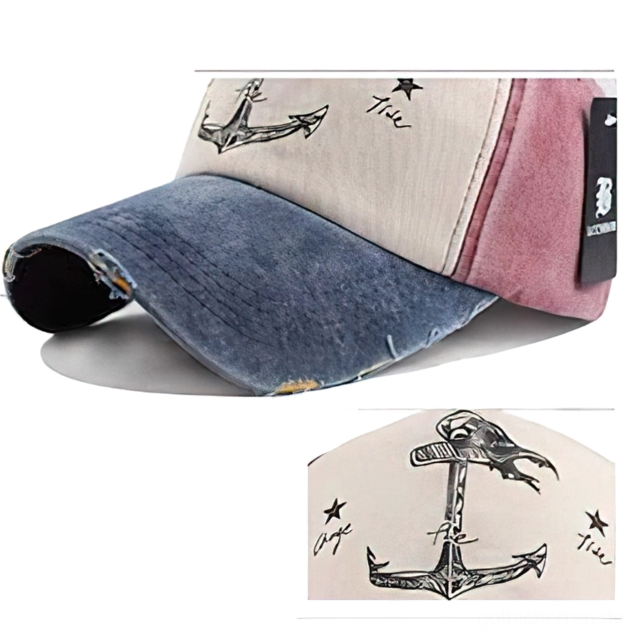 Nahaufnahme Detail Ankerdruck auf Blaurose Distressed Gothic Snapback Kappe, Qualitätsdruck Stitching Nahansicht