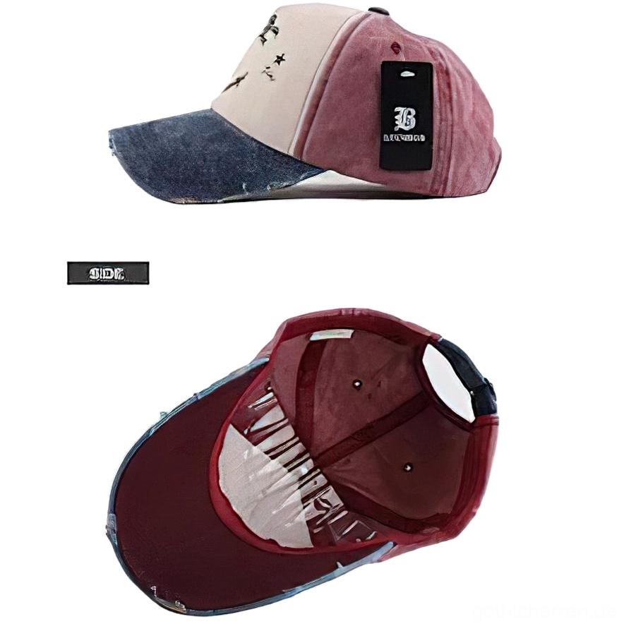 Gothic Anker Snapback Kappe Seitenprofil und Innenansicht mit bordeauxroter Innenfütterung und verstellbarem Verschluss Mechanismus Detail