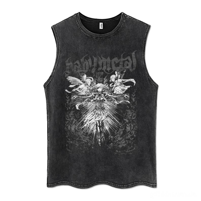 Gothic Anime Distressed Muskelshirt Vorderansicht mit Metal-Print Engel-Grafik auf verblasstem schwarzem Baumwoll-Canvas - Sleeveless Tank Top