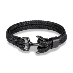 Gothic Anker Armband mit schwarzem mattem Edelstahl-Anker und schwarzem echtem Leder geflochtenes Seilgeflecht, Draufsicht