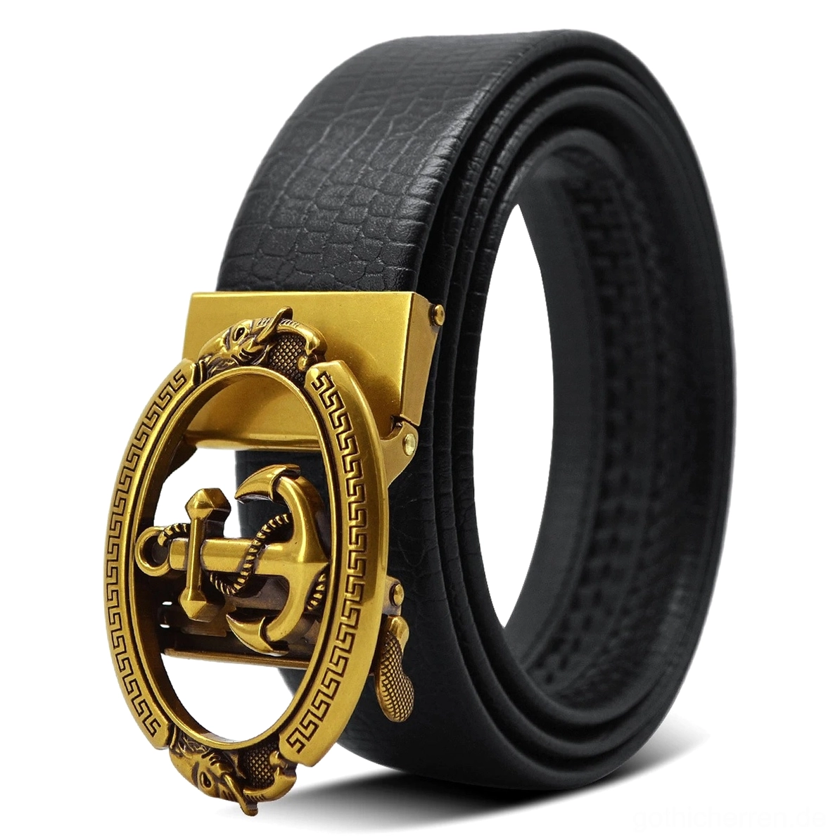 Aufgerollter schwarzer Leather-Gürtel mit hohler Gold Anker-Buckle und automatischem Verschluss, seitliche Schrägansicht