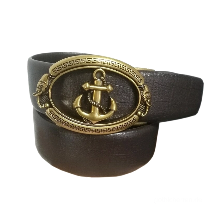 Dunkelbrauner Ledergürtel mit Gold Vintage-Anker-Buckle und Rindsleder-Struktur, Studio-Flachaufnahme vorne