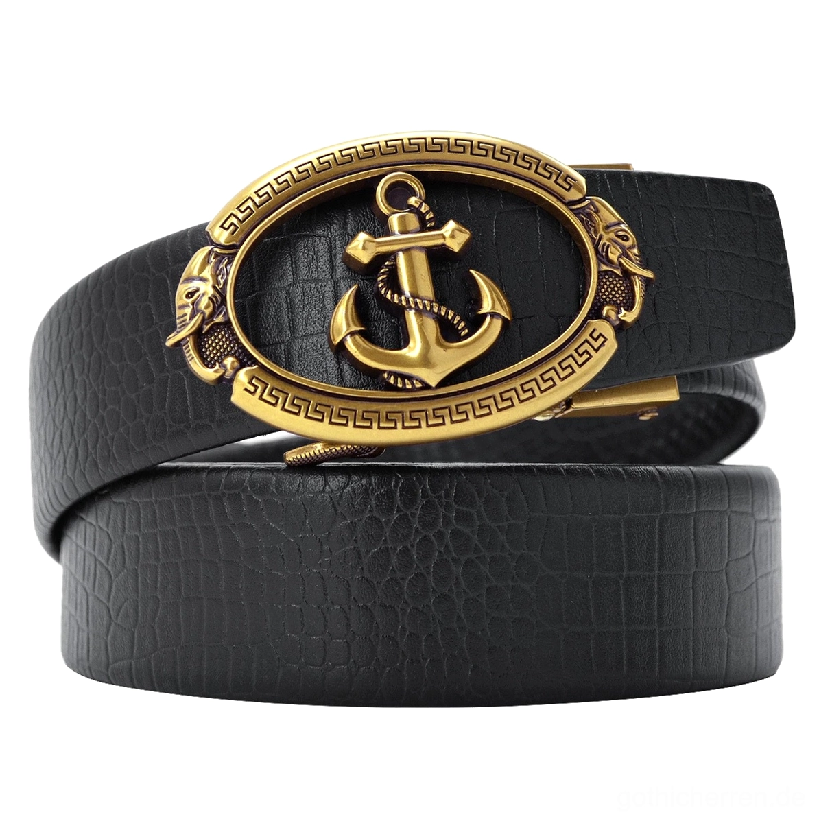 Schwarzer Gothic Anker-Ledergürtel mit antiker Gold-Buckle, Krokodil-geprägte Textur und griechischem Schlüssel-Rahmen, Flach-Overhead-Ansicht