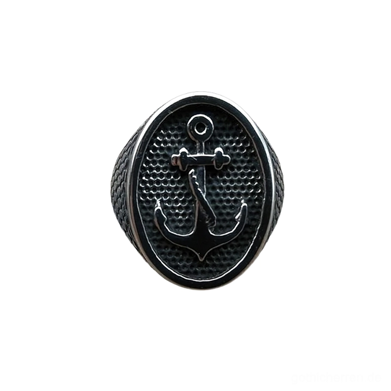 Dark Silver Anker Siegelring Vorderansicht - Geschwärzter Edelstahl Gothic-Ring für Herren und Damen mit strukturiertem Feld