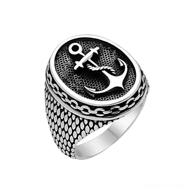 Gothic Anker Siegelring Herren Edelstahl - Frontansicht Flachlage mit detailliertem Ankermotiv und strukturiertem Schuppenmuster am Edelstahl-Dunkelsilber Ring