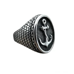 Vintage Dunkelsilber Anker Siegelring Seitenansicht - Alternative Gothic Schmuck mit detailliertem Kettenmasche-Muster Edelstahl-Ring