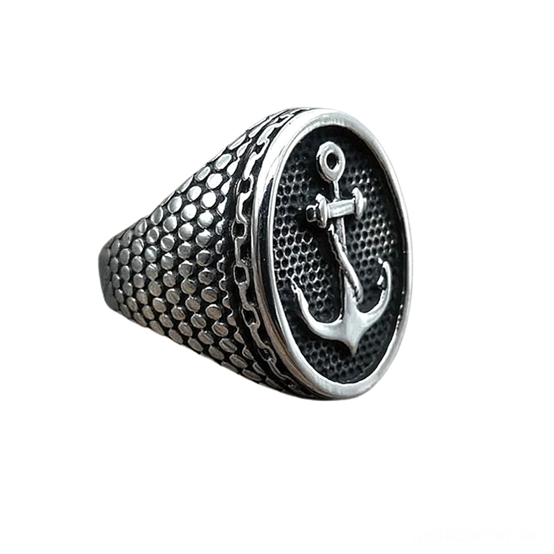 Vintage Dunkelsilber Anker Siegelring Seitenansicht - Alternative Gothic Schmuck mit detailliertem Kettenmasche-Muster Edelstahl-Ring