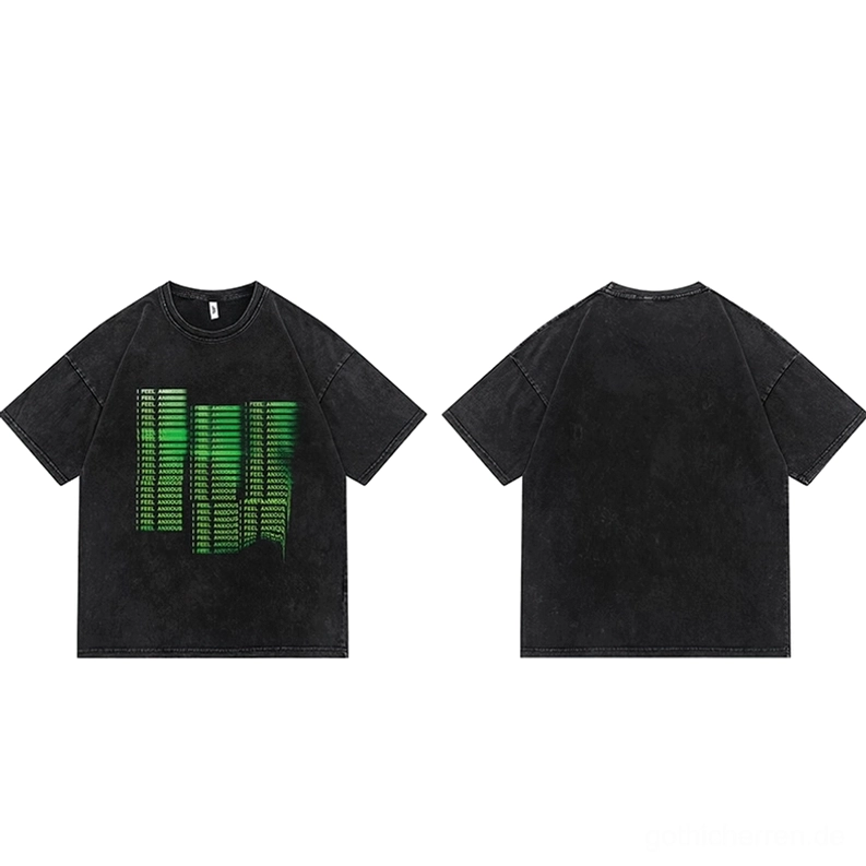 Größenvergleich Anxiety Motion Print Gothic T-Shirts Vorder- und Rückansicht Mini-Display auf weißem Hintergrund