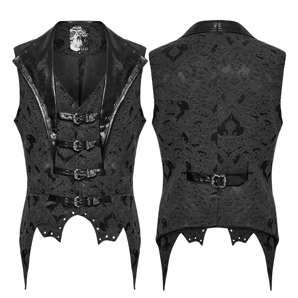 Gothic Anzugweste Flat-Lay Vorder- und Rückansicht mit Kunstlederkragen-Leisten, genitete Fledermauss-Säume und Jacquard-Textur