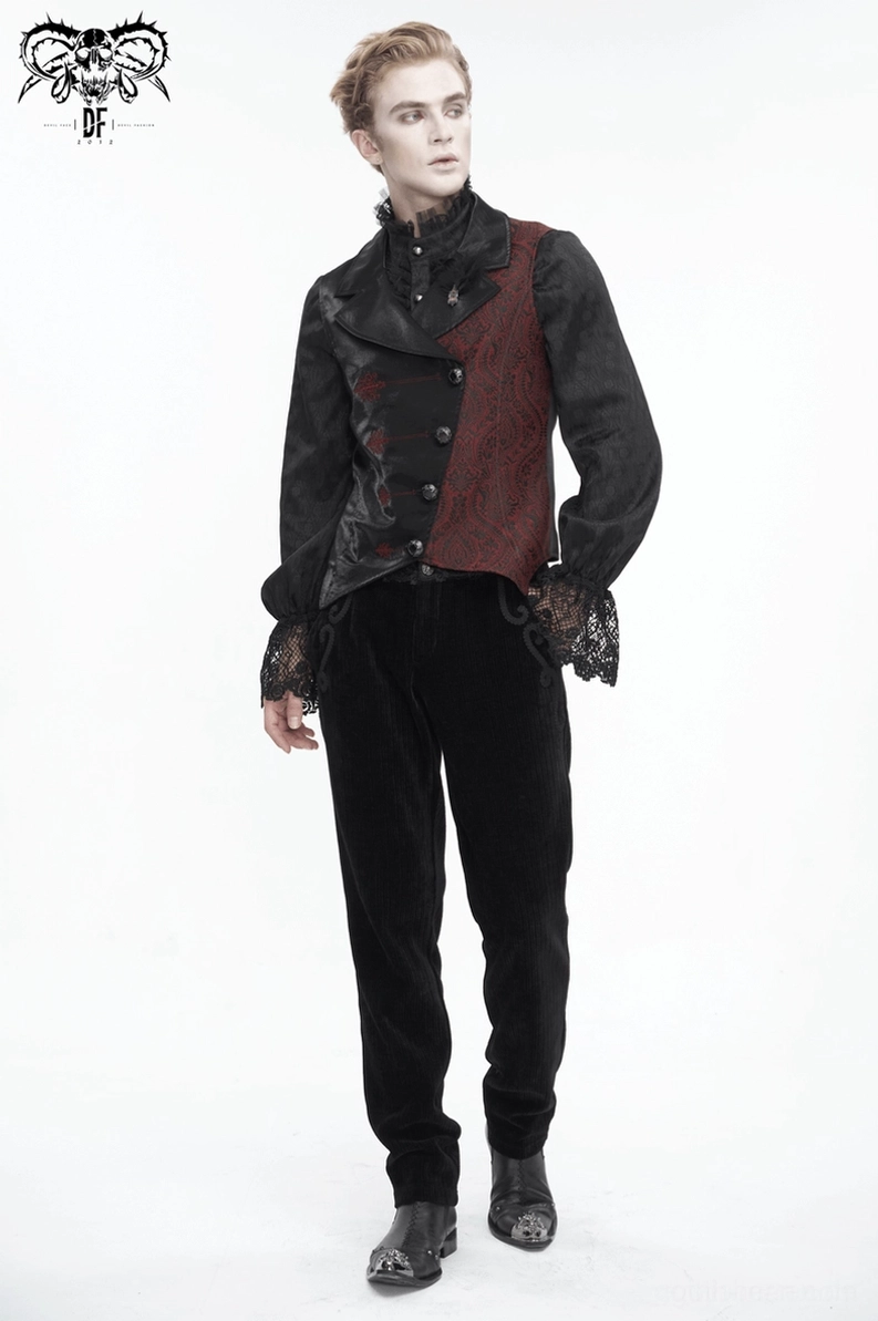 Gothic Weste mit formaler Kleidung kombiniert, schwarzer Satin und Weinrot Stickerei Showcase