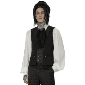 Herren Gothic Anzugweste mit Spitzensaum und V-Ausschnitt, vollständige Vorderansicht auf Modell mit Zylinder und Ascot, formales viktorianisches Styling, schwarze Weste über karierter Hose