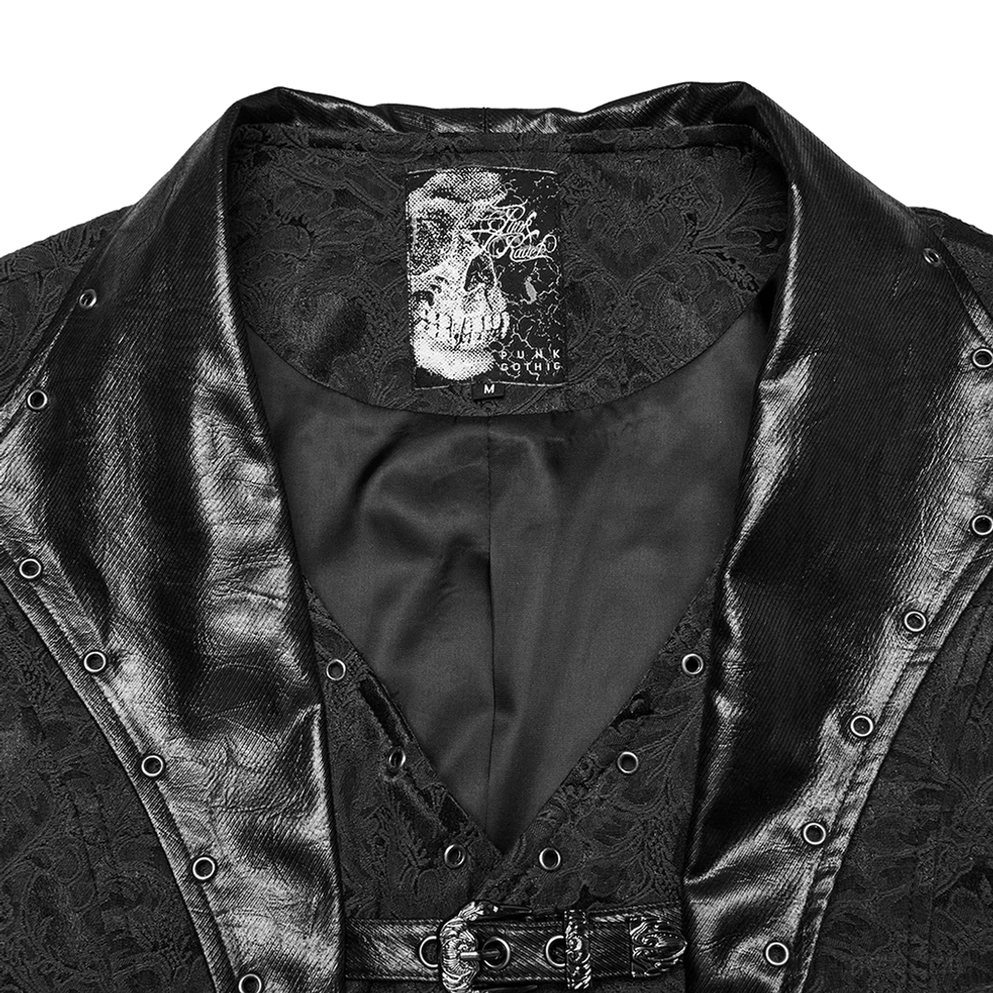 Nahaufnahme Details Gothic Anzugweste Kunstlederkragen mit Ösen, Schädel-Markenlogo und Satin-Futter