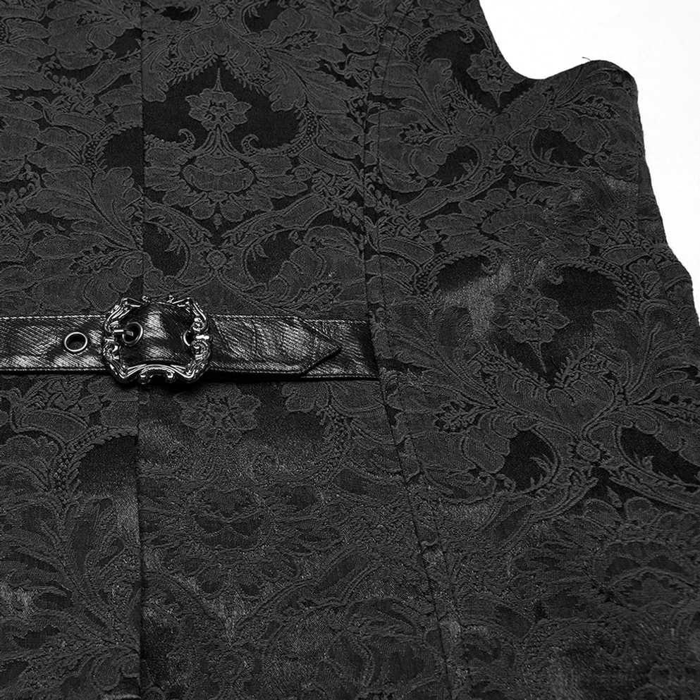 Nahaufnahme Gothic Anzugweste Rückengürtel mit ornamentaler Metallschnalle und Jacquard-Stoffkonstruktion