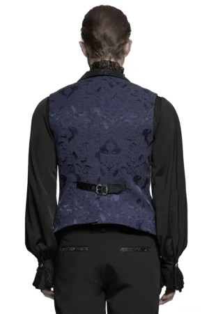 Gothic Anzugweste Rückansicht auf männlichem Modell mit verstellbarem Lederriemen und asymmetrischem Fledermaaussaum, Damast-Muster sichtbar
