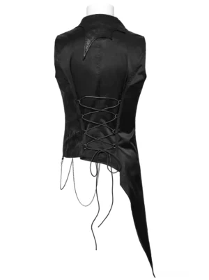 Gothic Anzugweste mit verstellbarem Schnürrücken-System auf Schneiderpuppe, Rückansicht zeigt Bungee-Schnürung und Metalleyelets, dunkelschwarze Jacquard-Webung