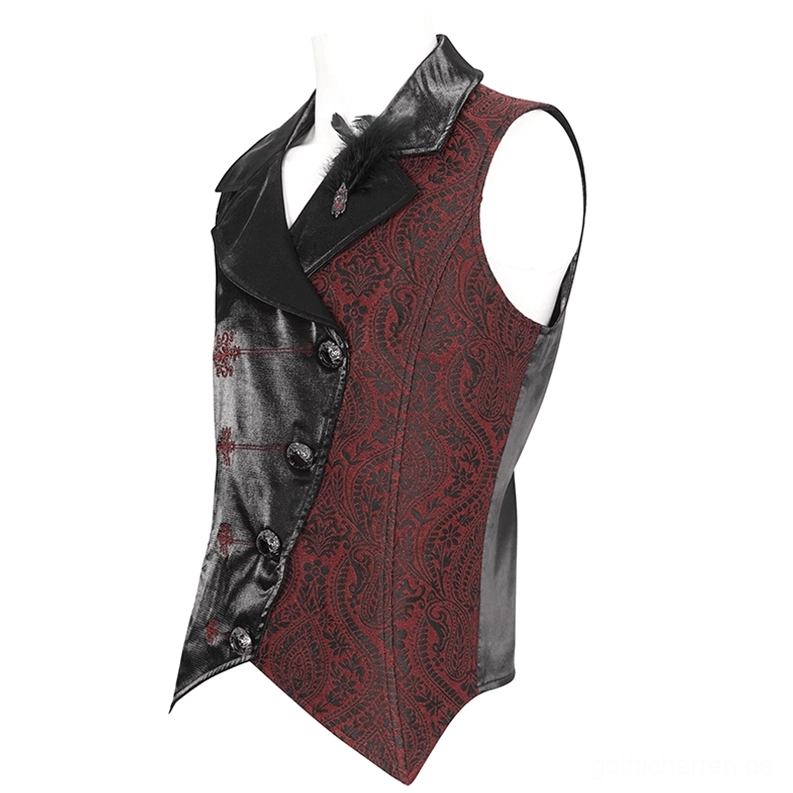 Seitenansicht der schwarzen Gothic Weste mit verzierten Knöpfen und Satin-Paisley Kontrast