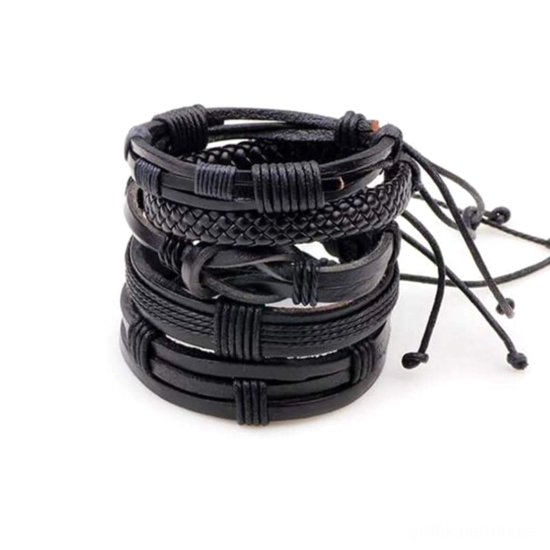 Gothic Armband Set 5er schwarzes Leder Oberansicht Geflechte geometrische Muster verstellbare Schnurverschlüsse Draufsicht