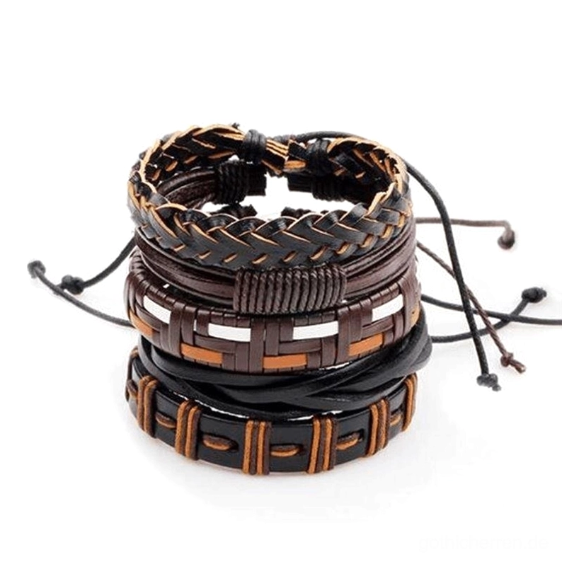 5er Gothic Armband Set in Schwarz und Braun - Geflochtene Leder-Armbänder mit verstellbaren Zugbändern in Flatlay-Ansicht