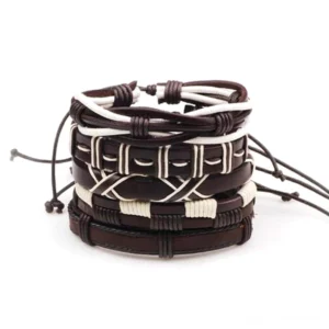 Gothic Armband Set 5er geflochtenes Leder Übersichtsansicht braun weiß Draufsicht geometrische Flechtmuster verstellbare Zugkordeln
