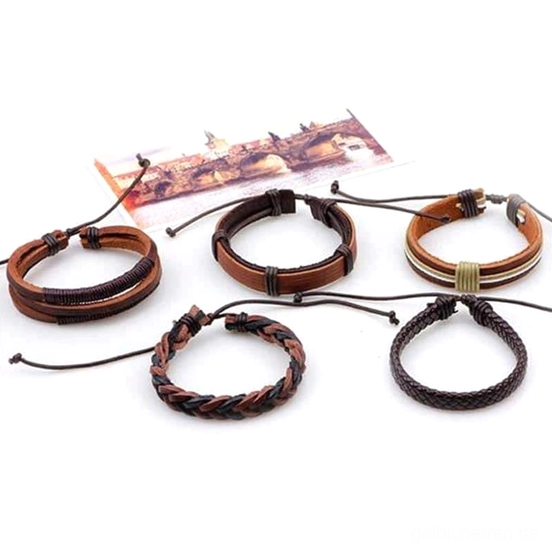 braunes leder geflochtenes seil armband set mit vintage asthetik zeigt alle 5 teile retro gothic stil gemischte texturen braun schwarz tone
