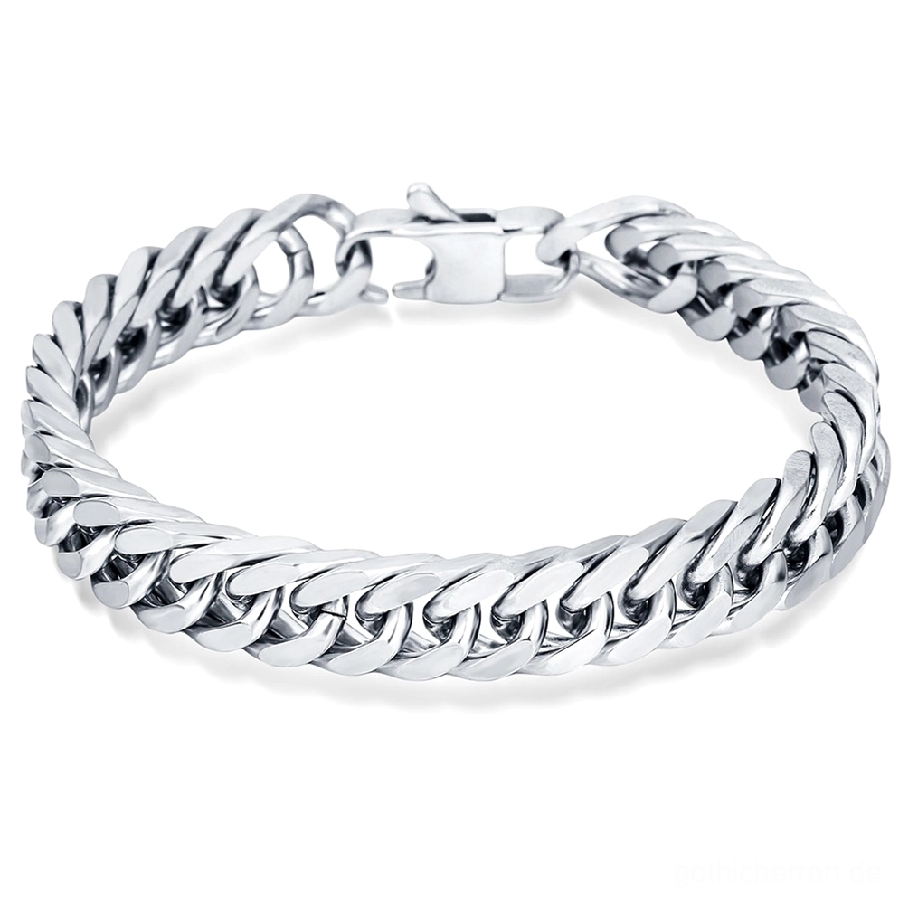 Draufsicht eines geschlossenen silbernen Edelstahl-Gothic-Panzerarmbands mit Hummerkrallenverschluss auf weißem Hintergrund