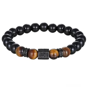 Gothic Armband mit Stahl-Zirkonia, mattem Onyx und Tigerauge-Steinen Draufsicht Flachlage