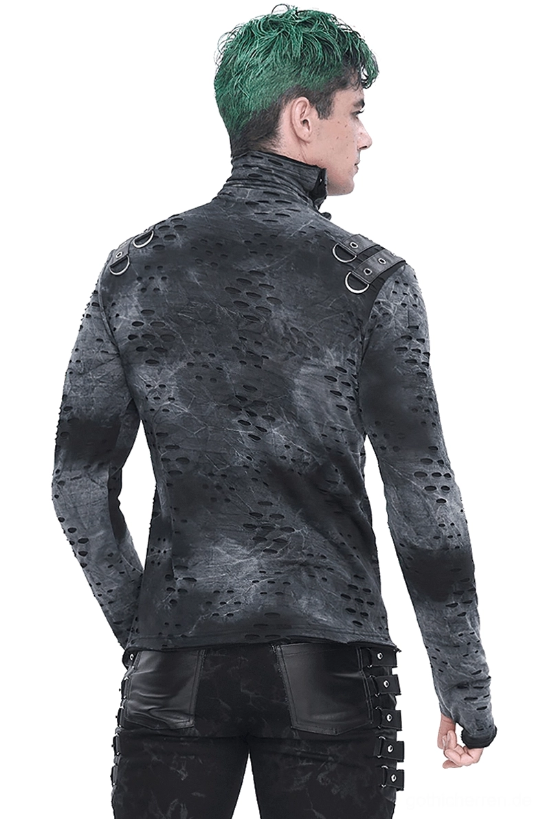 Herren-Gothic asymmetrisches Rollkragen-Shirt Rückansicht mit Metallschnallen-Hardware an den Schultern, Tie-Dye-Perforationen, unregelmäßiger gekrümmter Saum, Industrial-Design-Details